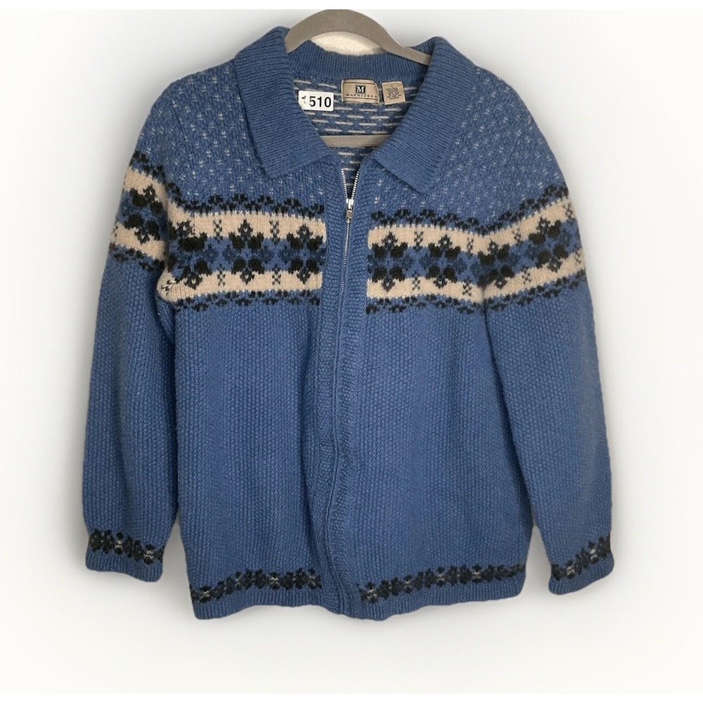 Vintage Maurices Sweater Men's Large 100% Shetland Wool Blue Zip Up Grandpacore.